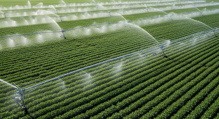 Aerial view of a mechanized irrigation system watering a green crop field