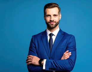 Confident Businessman in Suit Against Blue Background Representing Professionalism and Success in a Corporate Environment with Positive Vibes and Charisma