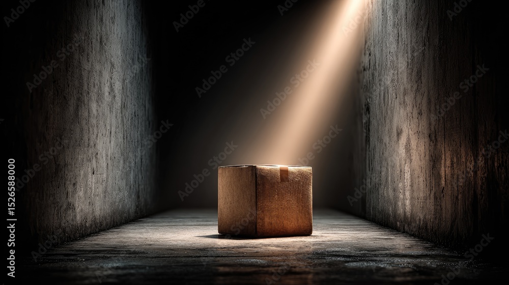 Poster minimal scene with a single medium-sized parcel box centered in a bright, shadowed corridor