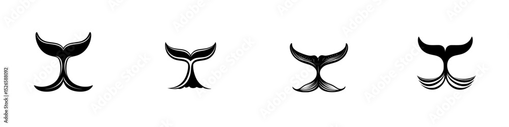 Poster set of minimalist whale tail icons in black and white design showcasing different styles and shapes 