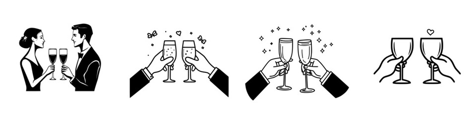Icon set showcasing diverse celebration moments with people toasting in various styles and designs