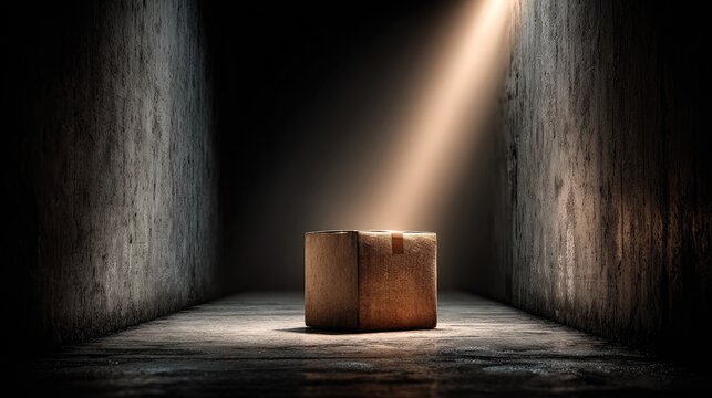Minimal scene with a single medium-sized parcel box centered in a bright, shadowed corridor