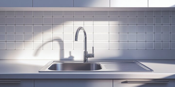 Underview of Modern Kitchen Sink with Open Cabinets and Stainless Steel Faucet Against White Tiled Wall