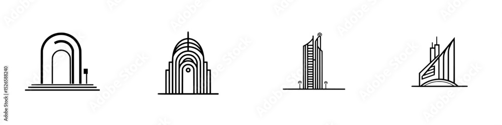 Poster icon set featuring architectural designs in minimalist style with varying structures and forms suita