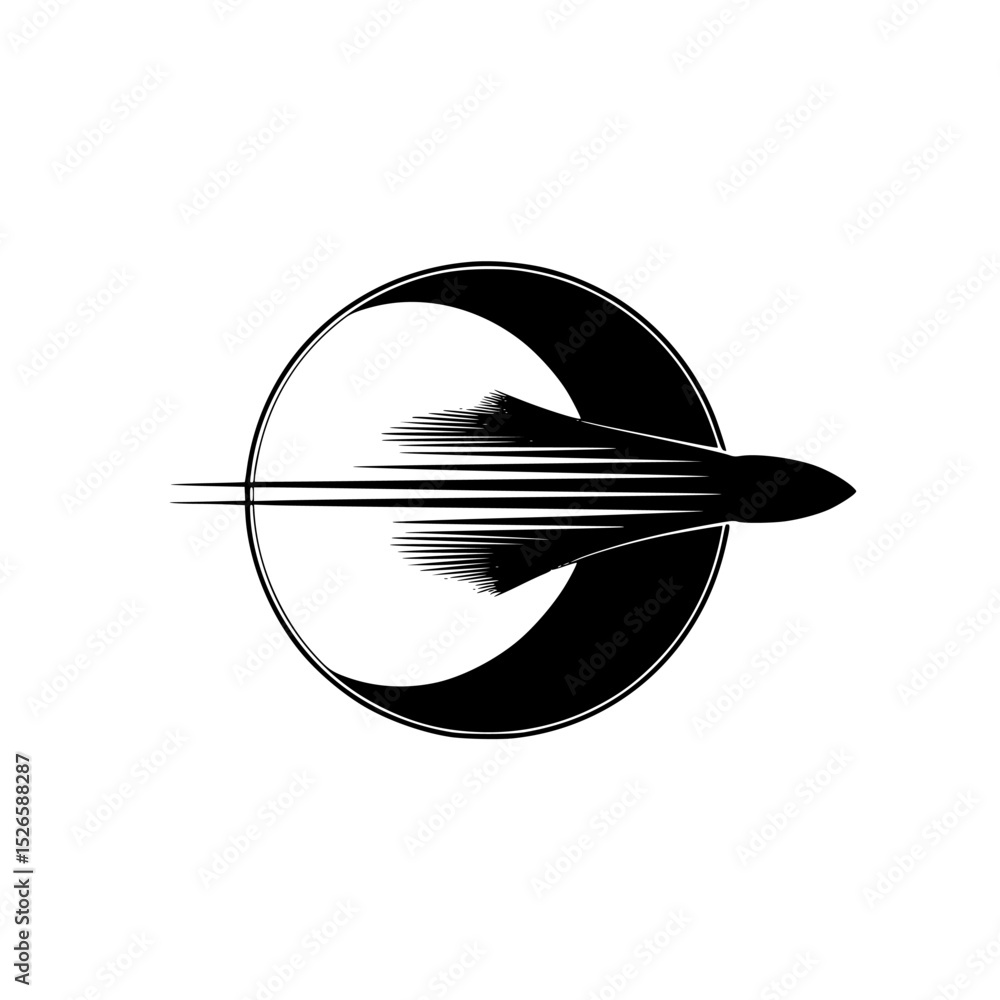Poster icon set featuring a sleek rocket design accelerating through a circular tunnel representing speed a
