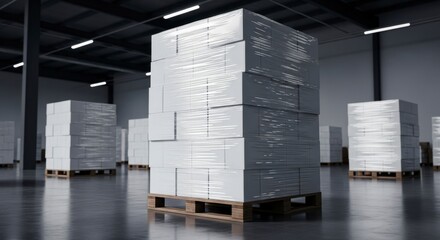 Large stacks of white boxes wrapped in plastic on wooden pallets inside a modern warehouse
