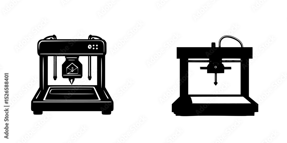 Poster icon set showcasing 3d printer and cnc machine in minimalist design for technology enthusiasts and m