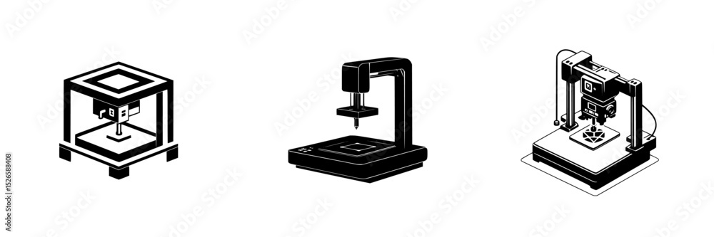Aufkleber icon set showcasing three distinct designs of 3d printers in a minimalistic style, representing mode