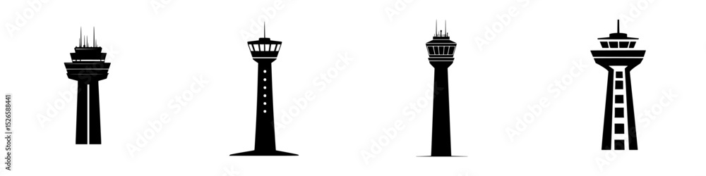 Poster various tower icons representing communication and observation structures for design and illustratio