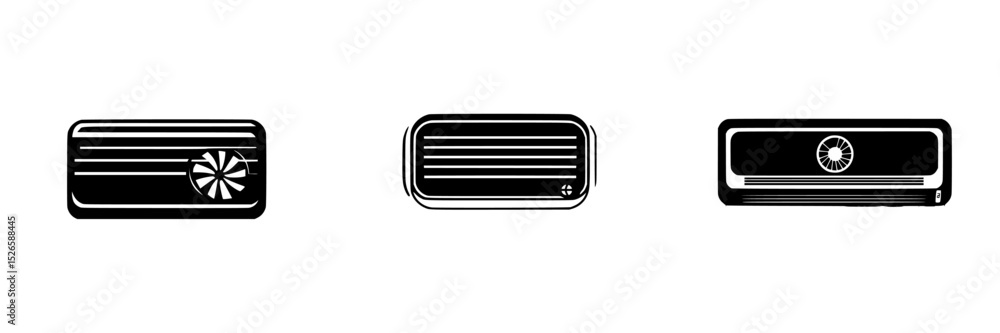 Poster icon set featuring three different styles of air conditioning units for digital design projects and 