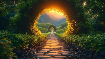 Fototapeta premium A mystical pathway through a hidden bamboo forest leads to a sacred mountain shrine