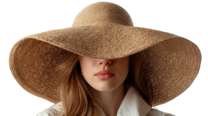 Studio shot of a young woman wearing a wide brimmed straw hat that covers her eyes, creating an air of mystery and intrigue, isolated on a transparent background