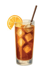 Watercolor vector illustration of Long Island Iced Tea cocktail with lemon slice and ice cubes. Vector isolated on white background, perfect for menus and bar designs.