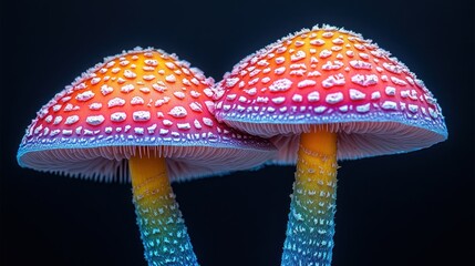 Two vibrant, colorful mushrooms, close-up