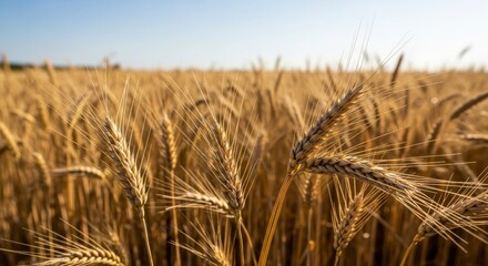 Fototapeta premium Golden Ripe Wheat Field Under Clear Sky Ready for Harvest, Symbolizing Abundance