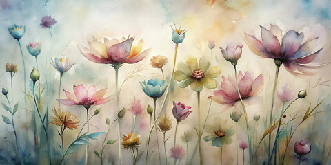 wildflowers with floating stems in watercolor style