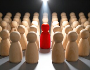 Red figure standing out among wooden people representing individuality, uniqueness, leadership, and the power of one in a crowd illuminated by light beams.