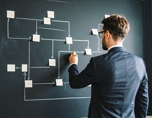 Professional Businessman Analyzing Flow Chart on Black Chalkboard During Strategy Meeting to Improve Productivity and Enhance Team Collaboration in Office Environment