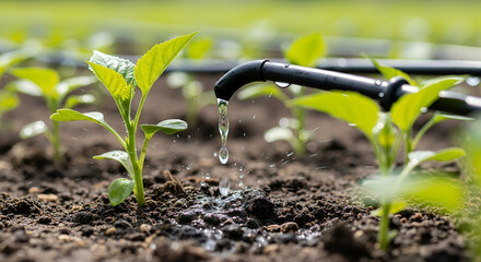 Close-up of a drip irrigation system watering young plants in fertile soil