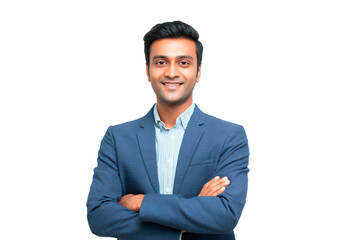 Confident Indian man in business suit with arms crossed on transparent background, PNG