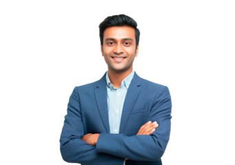 Confident Indian man in business suit with arms crossed on transparent background, PNG