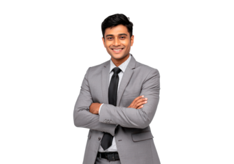 Confident Indian business professional in gray suit on transparent background, PNG
