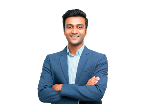 Confident Indian man in business suit with arms crossed on transparent background, PNG - Powered by Adobe