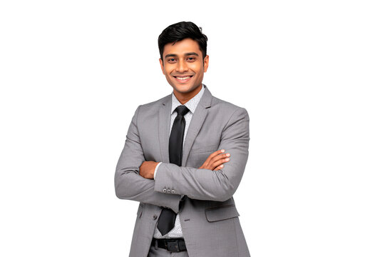 Confident Indian business professional in gray suit on transparent background, PNG