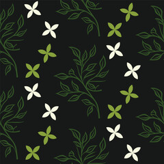 Simple seamless pattern with minimalist olive branches and small flowers on a dark background. An elegant and clean botanical design for stationery and subtle decor.