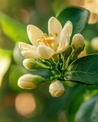 Fototapeta premium Shallow Bokeh Emphasizes the Fine Textures of an Orange Blossom Bud
