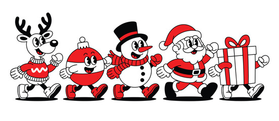 Retro Christmas Characters Walking Together