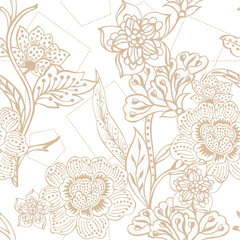 Pastel outline seamless pattern Floral folk background Flowers wallpaper plants on white background