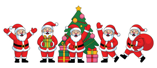 Five Cheerful Santa Claus Cartoon Characters with Gifts and Christmas Tree