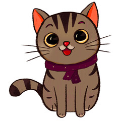 A cute cartoon cat illustration with a striped tail, big eyes, and a purple scarf. The kawaii-style cat is smiling and perfect for children’s books, stickers, cards, or digital art designs.