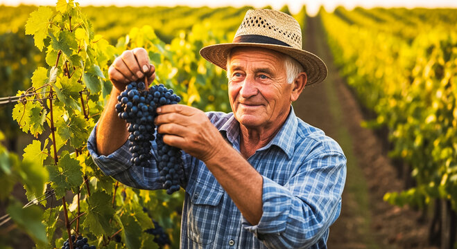 Old farmer harvesting grapes in vineyard agriculture and viticulture concept image