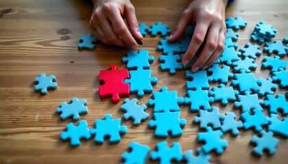a business concept of leadership and recruitment, human hands assembling a jigsaw puzzle on a wooden desk