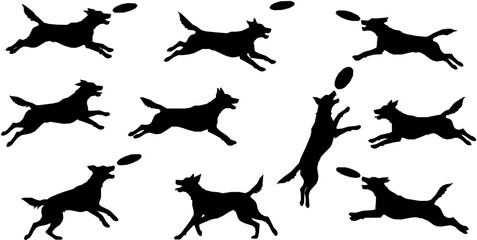 Fototapeta premium Set of frisbee dog silhouettes on white background. Dog catches the disc silhouette vector illustration 