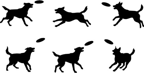 Set of frisbee dog silhouettes on white background. Dog catches the disc silhouette vector illustration

