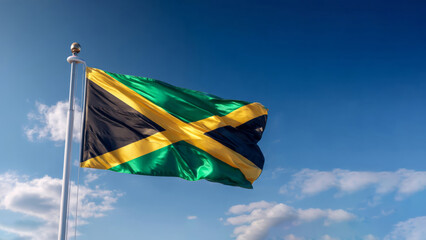 Beautiful Jamaican flag waving proudly against a vibrant blue sky with scattered clouds