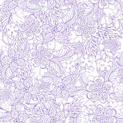 Pastel outline seamless pattern Floral folk background Flowers wallpaper plants on white background