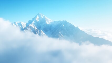 Majestic snowy mountain peaks emerging from misty clouds under a clear blue sky