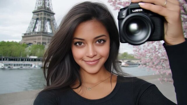 Smiling Young Woman Posing by Cherry Blossom Trees Near Iconic Landmark in Paris, France