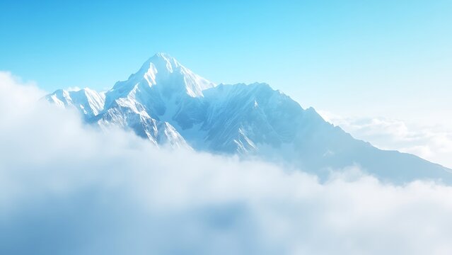 Majestic snowy mountain peaks emerging from misty clouds under a clear blue sky - Powered by Adobe