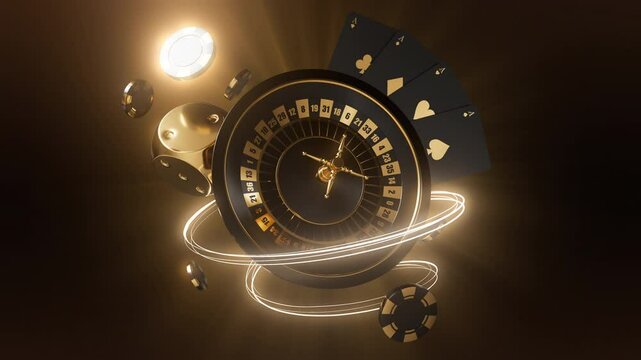 Luxury Casino Gambling Elements - Roulette Wheel, Poker Cards, Dice and Chips VDO Background