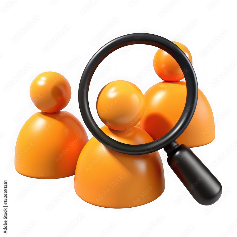 Poster 3d render of orange user icons with magnifying glass isolated on transparent background