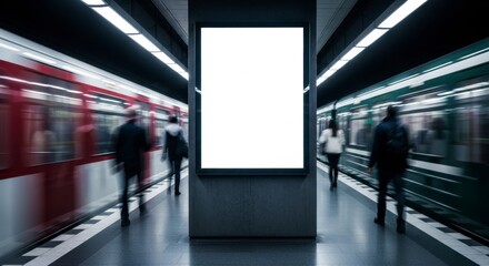 Blank Billboard Mockup in a Modern Subway Station with Blurred Trains and Commuters
