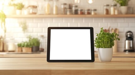 Empty Tablet on Kitchen Countertop with Fresh Herbs