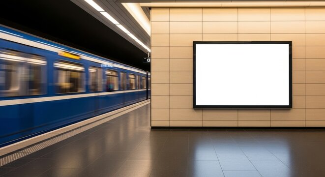 Blank Billboard at Modern Subway Station with Blue Train in Motion Blur