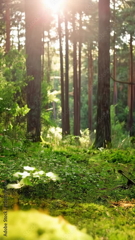 Aufkleber sunlit woodland scene featuring a moss-covered boulder with tree trunks and sunbeams in the backgrou