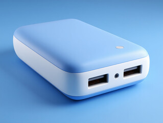 Power bank in shades of blue and white, with a rectangular shape and rounded edges, containing two USB ports and a central input